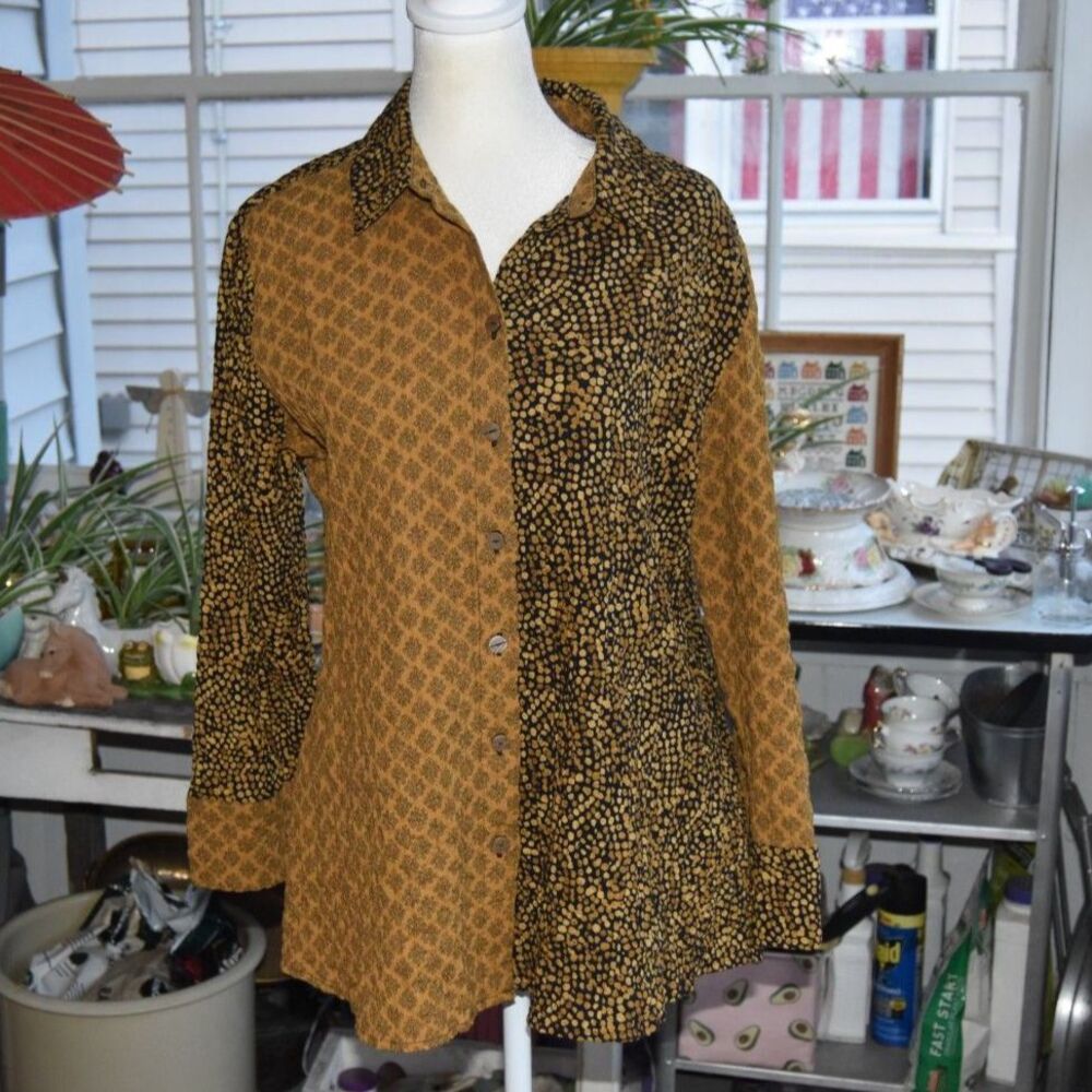 Y2K Habitat Clothes To Live In Shirt XS Brown Black Patchwork Cotton Tunic Top
